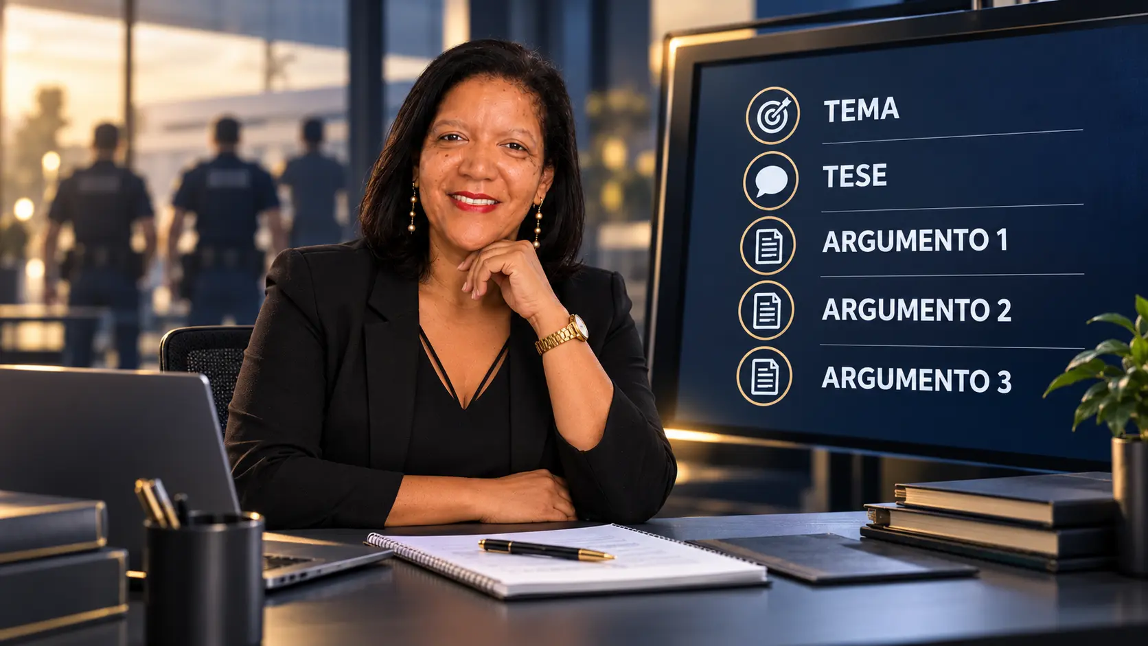 Professora Ana Cristina sorrindo à mesa de trabalho, ao lado de uma tela com o esqueleto Tema, Tese, Argumento 1, Argumento 2 e Argumento 3, com policiais ao fundo.