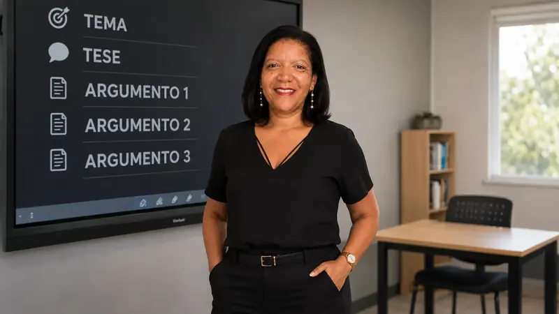 Professora Ana Cristina em sala de aula, ao lado de uma tela com o esqueleto Tema, Tese, Argumento 1, Argumento 2 e Argumento 3.