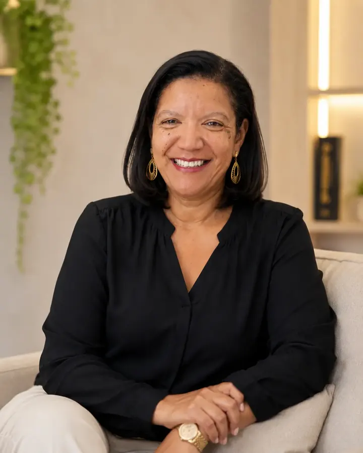 Professora Ana Cristina Pereira Martins, sorrindo, sentada em um sofá.